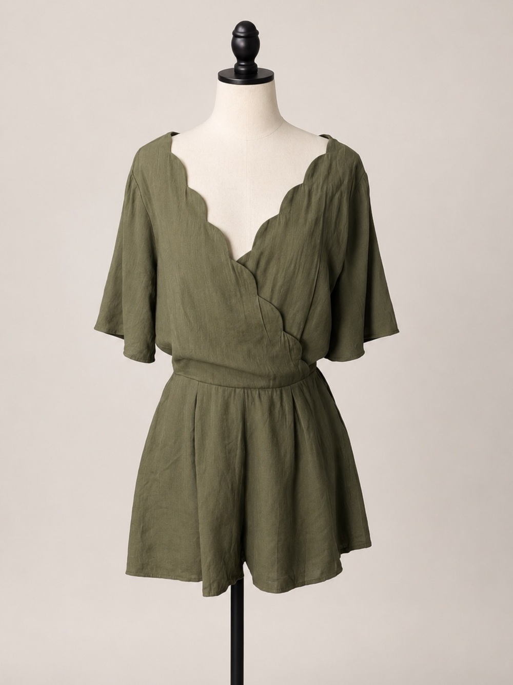 ROW A Olive Green Scallop Trim Romper Medium Boho Flutter Sleeve Wrap Romper